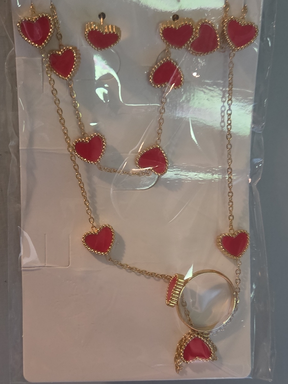 Gold-Tone Necklace and Earring Set with Pink Heart Accents